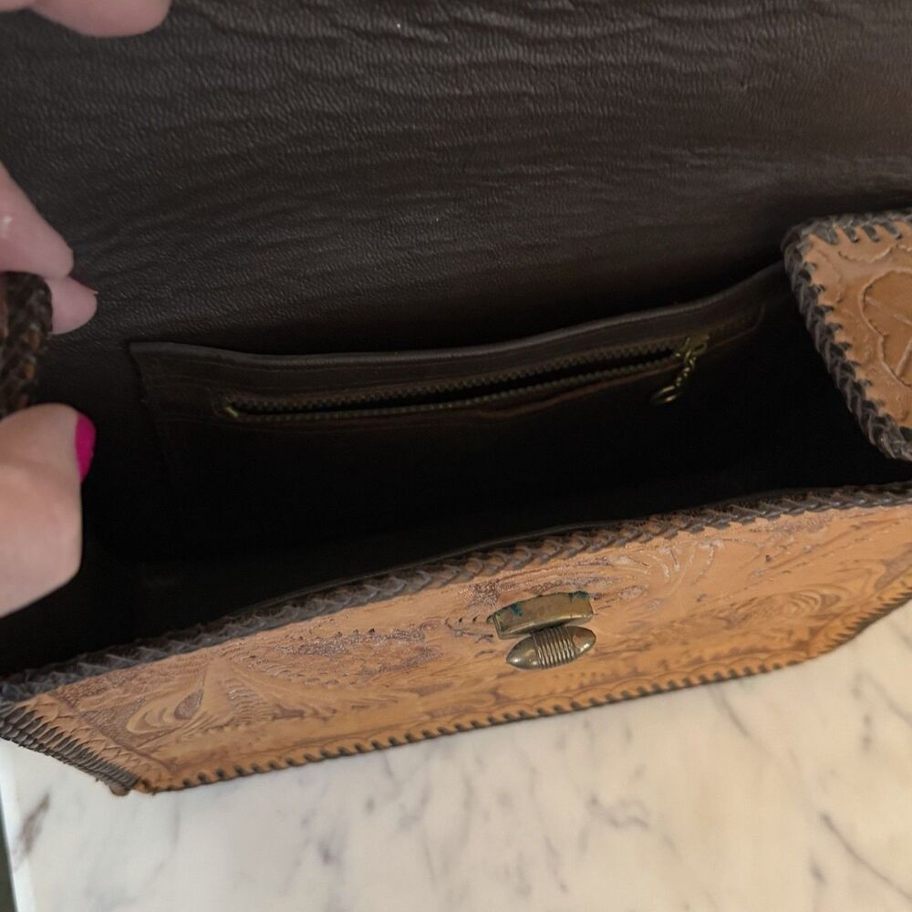 Vintage Hand Tooled Leather Handbag Brown Floral 9x6x3 - Picture 7 of 8